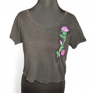 Black Short Sleeve Motorcycle T-shirt With Pink Rose Detail On Front